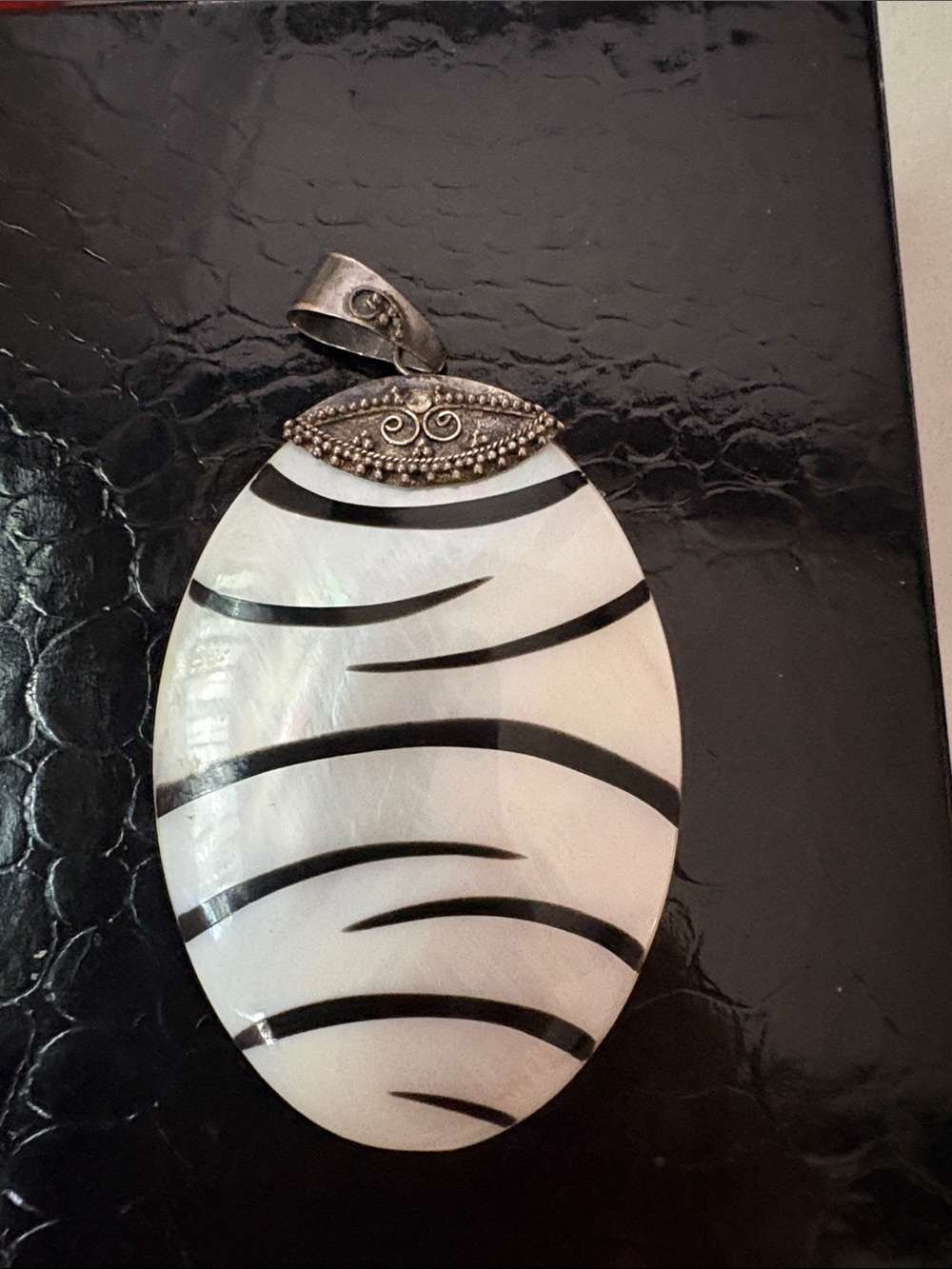 Vintage White and Black Zebra Stripe Mother-of-Pearl Pendant